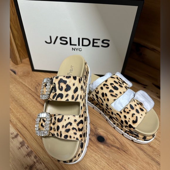 J/slides Rice SlipOn Leopard Pony Leather Embellish Buckle Platform Sandals NIB - Picture 2 of 8